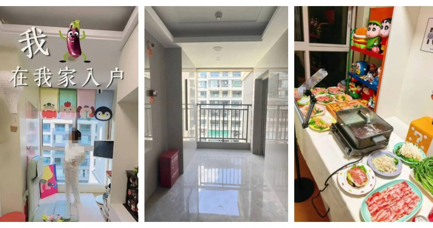 當事人將梯廳改裝為多功能空間，日常用於觀影、用餐與休憩，引發網路熱議。（圖／翻攝自封面新聞）