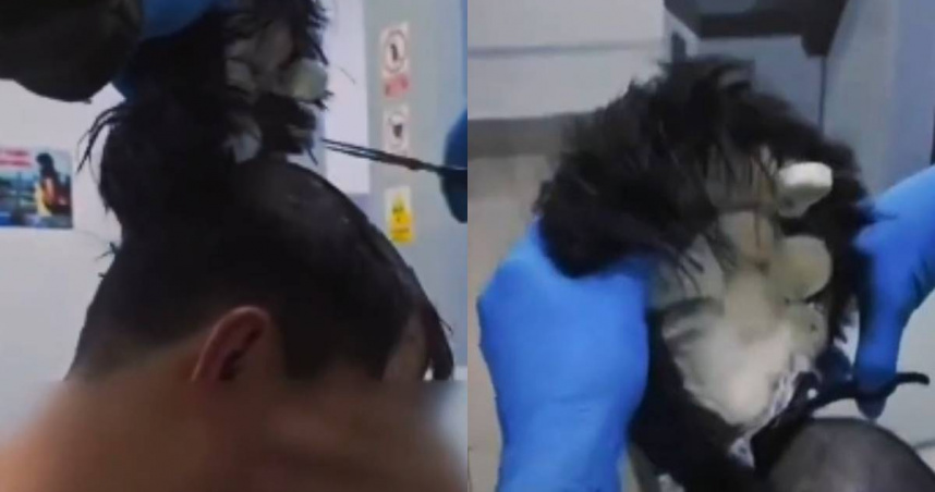 哥倫比亞一名男子試圖用假髮藏毒過關，結果被警方識破，當場查獲19顆膠囊古柯鹼。（圖／翻攝自X／@PoliciaColombia）