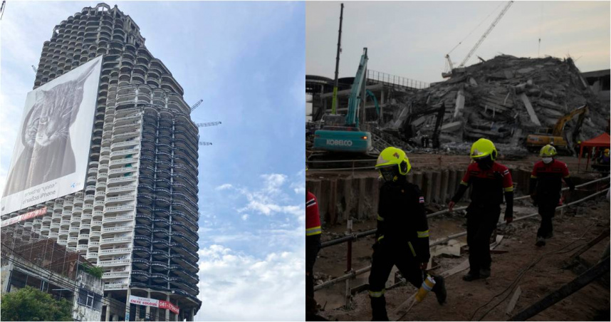 泰媒指出，這棟由中國中鐵十局承包興建的新審計署大樓（右），面對地震的表現甚至比不上1990年就開始動工的爛尾樓「沙吞獨特塔」（左），在泰國網路上掀起「到底哪邊才是爛尾樓」的檢討聲浪。（圖／達志／美聯社）