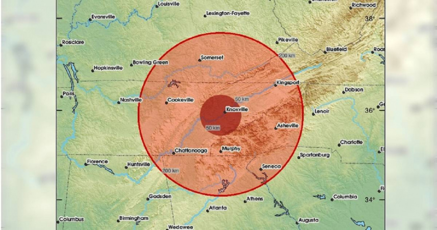 美國田納西州於當地時間10日上午發生規模4.1地震，未來一周內不排除恐再發生規模4或以上餘震。（圖／翻攝自歐洲與地中海地震中心（EMSC））