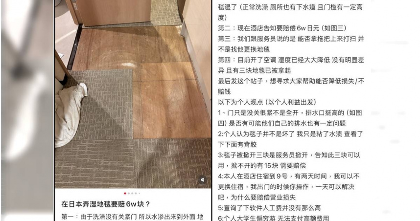 日本旅館業者索要地毯及營業損失賠償，讓大陸大學生在社群平台以長文喊冤。（圖／翻攝自「日本省錢小站」臉書）