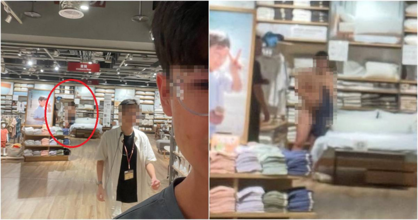 14日下午，板橋車站樓上的無印良品出現荒謬一幕，一名男子逛到寢具區時竟忽然脫下身上衣物，全裸跳上試睡床翻滾，把四周的客人嚇得紛紛走避。（圖／翻攝Threads／chenthan_75）