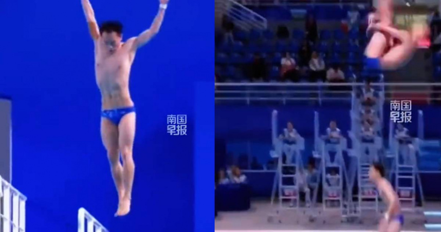 山西跳水選手趙冬在全運會賽中發生重大失誤。(圖/翻攝自微博/南國早報)