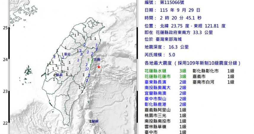 花蓮外海凌晨發生地震。（圖／氣象署）