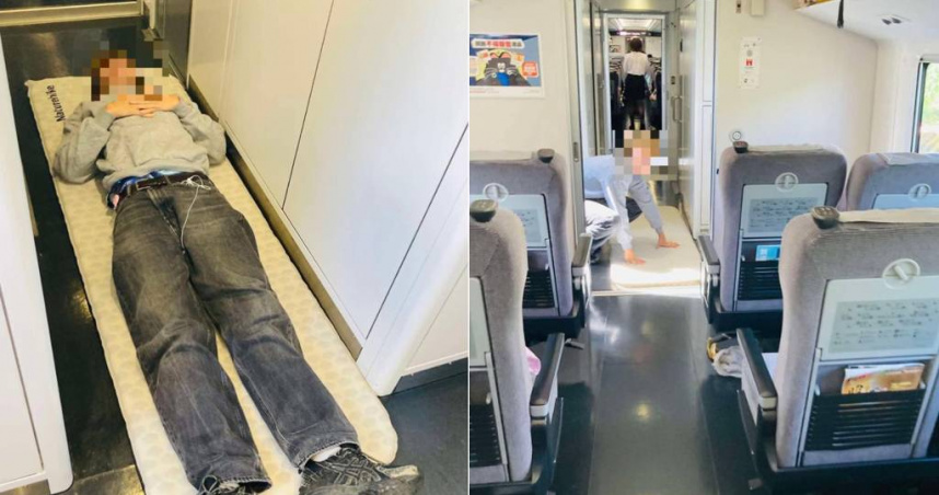 台鐵新自強號有外籍旅客將腳跨放車廂牆面，甚至拿出充氣床墊躺在車廂通道。（圖／翻攝自「來談鐵路」臉書）