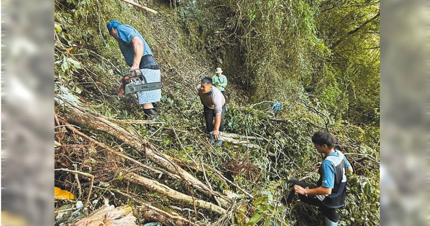 八通關越嶺線西段9.8K處中斷，14日天氣放晴，觀高山屋員工及協作開闢臨時步道讓山友順利下山。（圖／玉山國家公園提供／ 中國時報楊靜茹南投傳真）