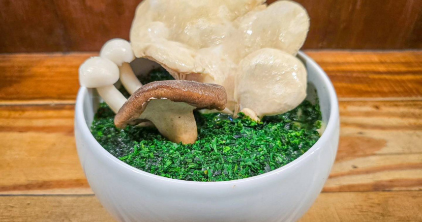 「高雄安全島拉麵」以青海苔粉鋪成草皮，放上大朵鮑魚菇重現豪雨生菇奇景。（圖／翻攝自拉麵公子FB）
