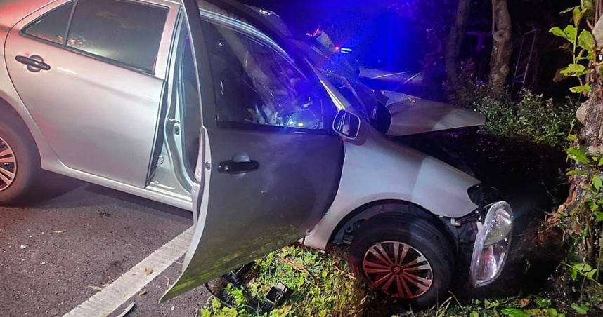 年輕女駕駛為閃避野貓，失控自撞路樹，強烈撞擊力道下，車頭幾乎全毀。（圖／翻攝畫面）