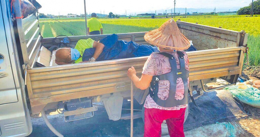 82歲陳姓老農睡在發財車10多天守著高價的蔥田，52歲兒子（巡田者）和父親一起守夜，老農的妻子（前方）無奈找民代陳情。（圖／中國時報周麗蘭攝）