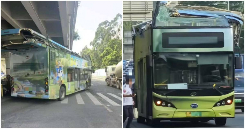 深圳市一輛雙層巴士因不明原因，在行駛中不慎撞上高架路橋，導致車身頂部被橫切削平，報導指出有部分乘客因車輛玻璃破碎受傷。（圖／翻攝瀟湘晨報）