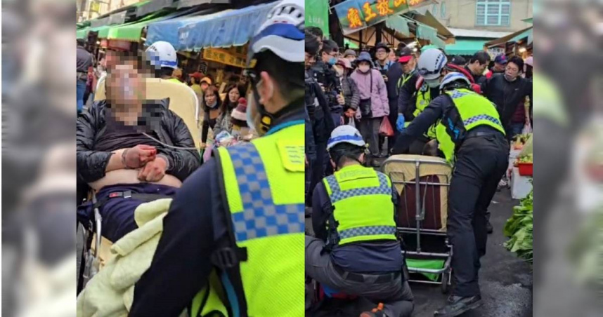 苗栗苗南市場4日上午驚傳隨機砍人，警頭部遭砍，兇嫌胸口中彈。（圖／翻攝畫面）