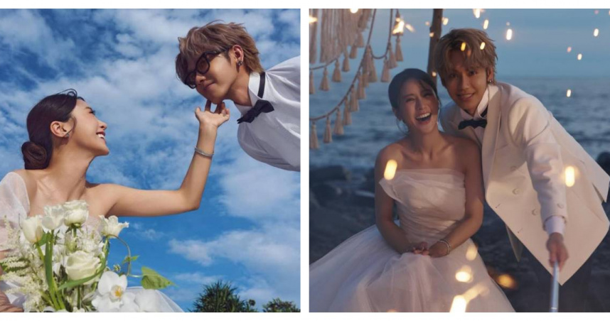 鼓鼓與大元在海邊拍攝婚紗照，畫面溫馨唯美。（圖／翻攝自IG，gboyswag_official，下同）