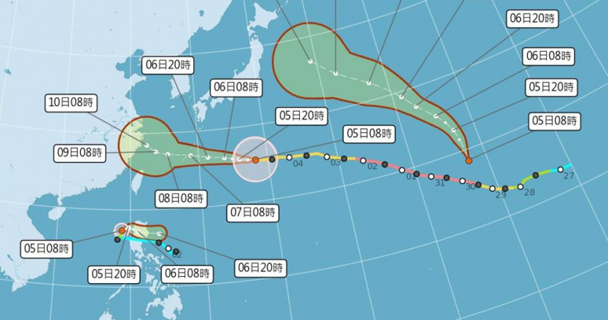 昌鴻颱風正式生成，西北太平洋形成「白海豚、鯨魚、昌鴻」三颱共舞局面，氣象署提醒白海豚最快周五可能發布海上颱風警報。（圖／中央氣象署提供）