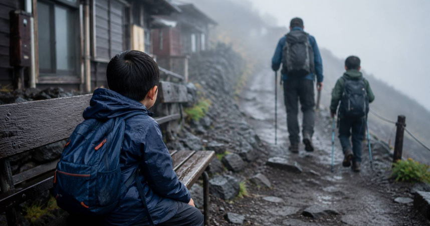 日本一名48歲父親帶著兩名兒子攀登富士山，7歲小兒子途中喊累，竟被獨自留在六合目。（示意圖／AI生成）