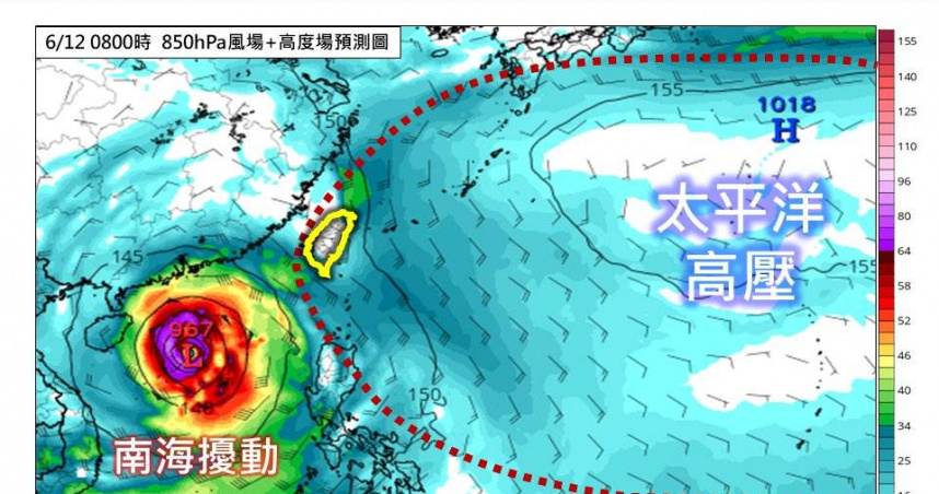 熱帶擾動92W外圍水氣移入，12日至14日將為台灣帶來劇烈降雨。（圖／林得恩臉書）