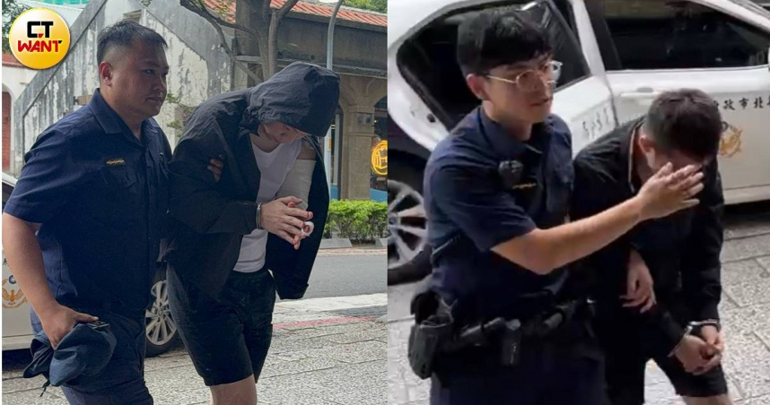 駕駛陳男（左）及副駕駛郭男抵分局訊問，警方將據現有事證依毒品、竊盜、過失致死等罪嫌移送並建請羈押。（圖／沈建邦攝）