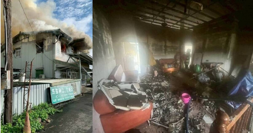 南投埔里透天厝2樓發生火警全面燃燒，消防人員到場搶救約半小時撲滅火勢，2樓已付之一炬。（圖／翻攝畫面）