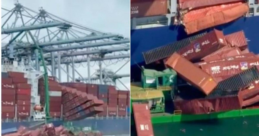 一艘貨輪停靠美國加州長灘港時，約有超過60個貨櫃掉落海中，場面險象環生。（圖／翻攝自X／KTLA）