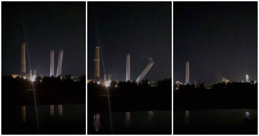 今（27）日晚間6點41分，台電通霄火力發電廠放倒4號機組的大煙囪，引起不少民眾前往拍攝圍觀。（圖／翻攝FB／通霄人(讚)出來）