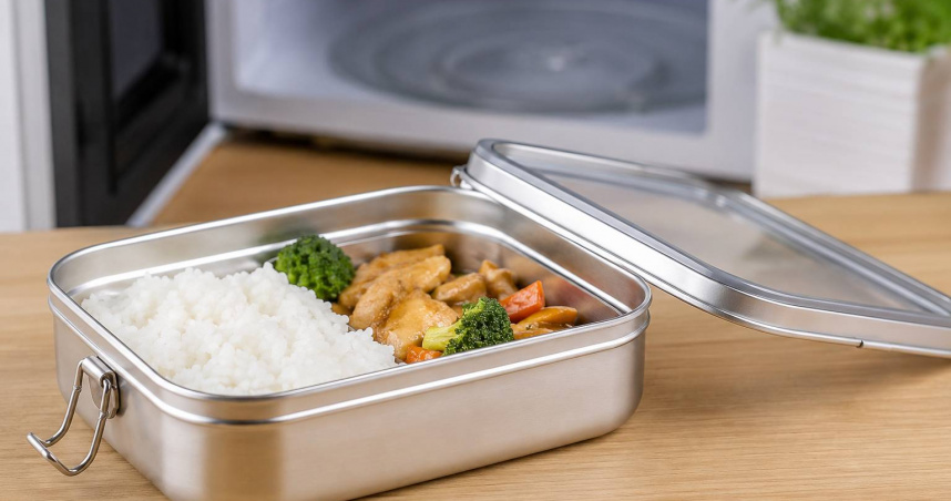 可微波不鏽鋼餐盒主打輕巧、好清洗，但有網友實測後抱怨食物容易受熱不均。（示意圖／AI生成）
