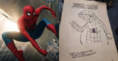 加拿大一間電影院的19歲員工蘭登手繪的「Spooderman」迷因版海報意外在網路爆紅。（圖／索尼影業提供、翻攝自Reddit）