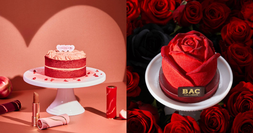 貳樓與蘭蔻推出聯名甜點「浪漫限定－裸桃粉絲絨」（左），巧克力蛋糕品牌BAC打造精緻的「法式手工玫瑰蛋糕」。（圖／貳樓、BAC提供）