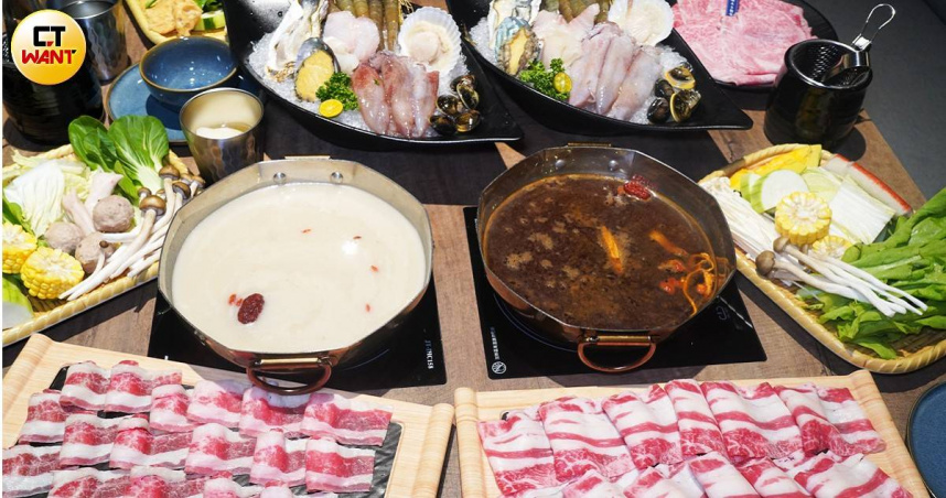 「獨享單人海陸套餐」可吃到包含蛤蜊、生蠔、小卷、白蝦、潮鯛魚片、扇貝、九孔鮑與龍膽石斑魚片等豐富海鮮，還可享肉品5選1。（圖為雙人份，單套980元，圖／魏妤靜攝）