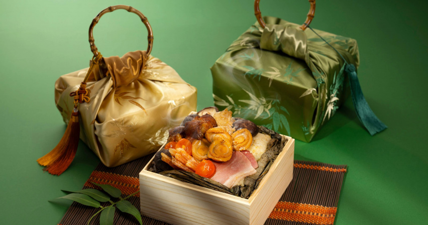 「霸王級乾隆一品粽」外包布巾提供「金緞」與「竹影」兩款設計，包巾款式隨機出貨。（3,888元／顆，圖／台北遠東香格里拉提供）