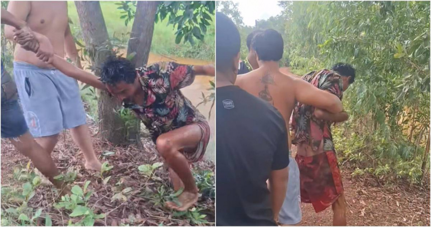 泰國烏隆他尼府一名癮君子在吸茫後失控，竟在恍惚間闖入民宅，意圖性侵一名5歲女童未遂，最終被村民圍捕，扭送警方。（圖／翻攝FB／Watchara Padungrad）