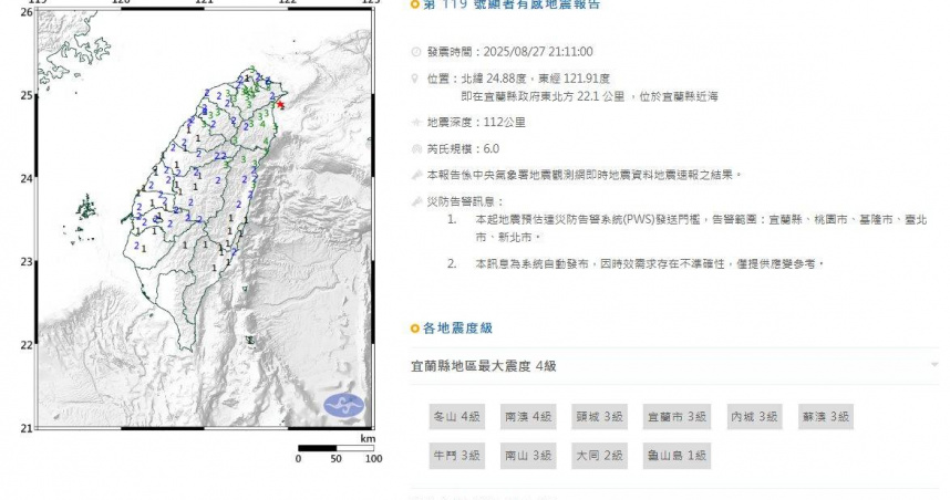 昨（27）日晚間9點11分，宜蘭近海發生芮氏規模6.0地震。（圖／翻攝自氣象署）