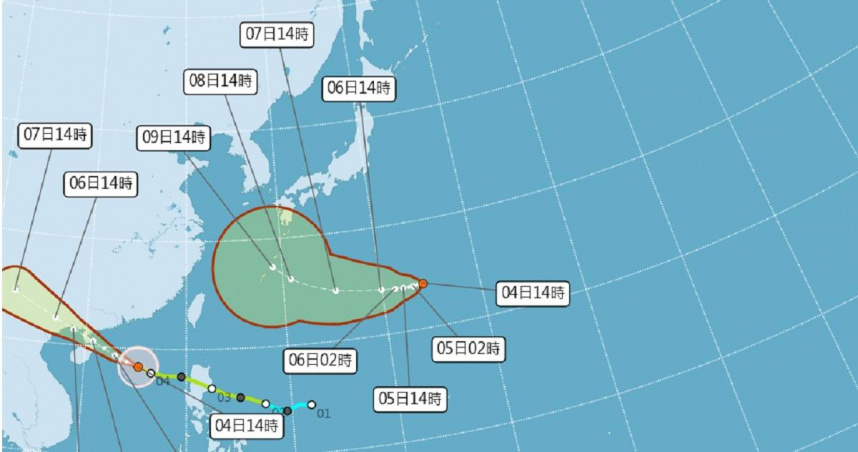 中央氣象署指出，目前日本東南側海面有熱帶性低氣壓「TD25」生成，最快可能在明天增強為今年第22號颱風「哈隆」，預估下週三（8）、四（9）北轉，屆時若偏移方向靠近台灣，迎風面地區降雨將更明顯。（圖／翻攝中央氣象署）