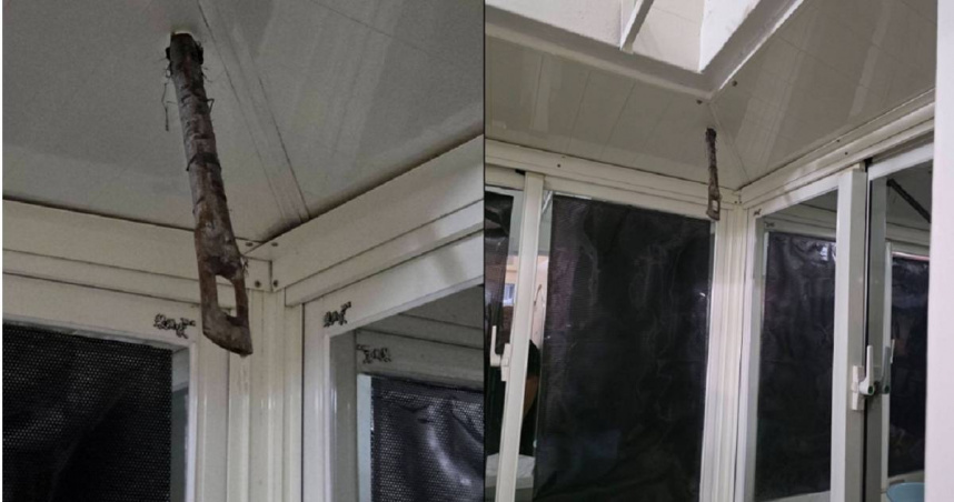 台北天母一名民眾透露，颱風天附近建案的鷹架鐵條插入他家陽台的天花板，不知道之後該找誰賠償。（圖／翻攝自臉書／靠北天母幫）