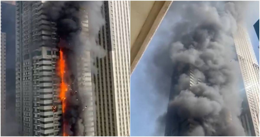 杜拜一棟67層樓高的大樓建築13日晚間突起火燃燒，烈焰伴隨滾滾黑煙不斷向上爬竄，景象令人看了膽戰心驚。（圖／擷取自X）