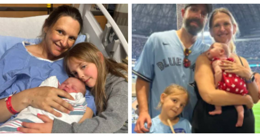 英國女子海倫在加拿大度假期間意外在飯店浴室誕下女兒奧莉薇亞，事前毫無懷孕跡象。（圖／Michael Green提供）