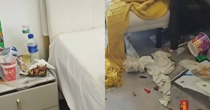 大陸2名年輕男子入住民宿2天留下滿地狼藉。（圖／翻攝自微博／揚子晚報）