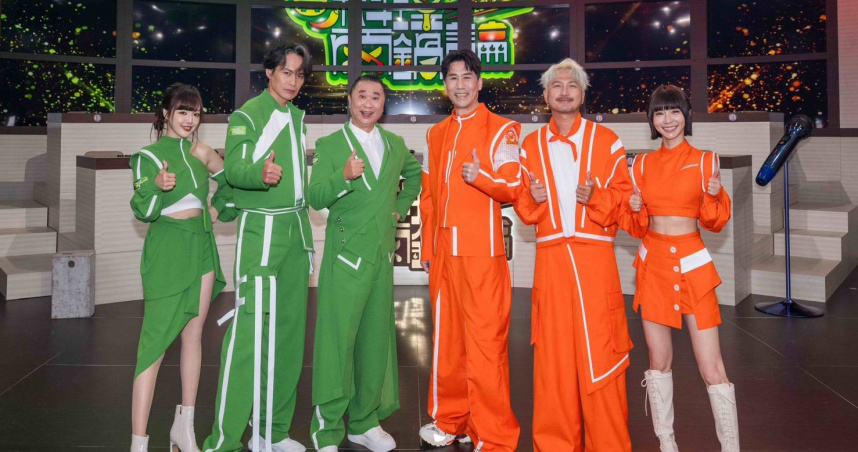 丘涵（左起）、黃鐙輝、邰智源、羅時豐、KID林柏昇、溫妮主持料理節目。 （圖／麥卡貝網路電視提供）