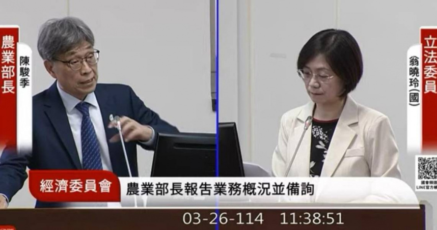 立委翁曉玲昨日以戰時糧食供給議題質詢農業部長陳駿季（圖／國會頻道）