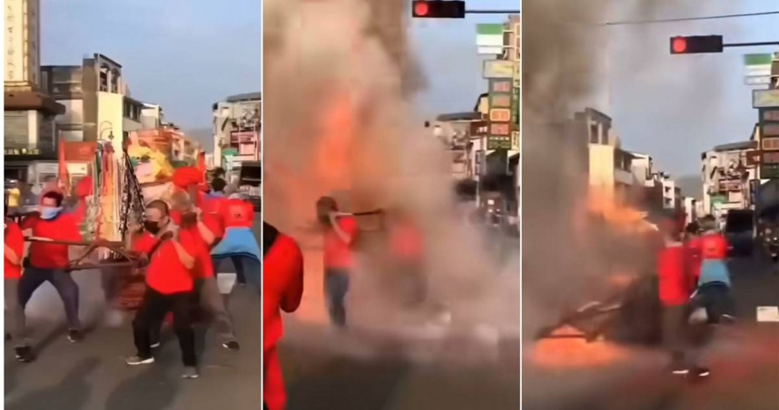 一段廟會影片最近在網上瘋傳，畫面顯示整座神轎瞬間起火燃燒，場面險象環生。（圖／翻攝自「宗教大小事」臉書）