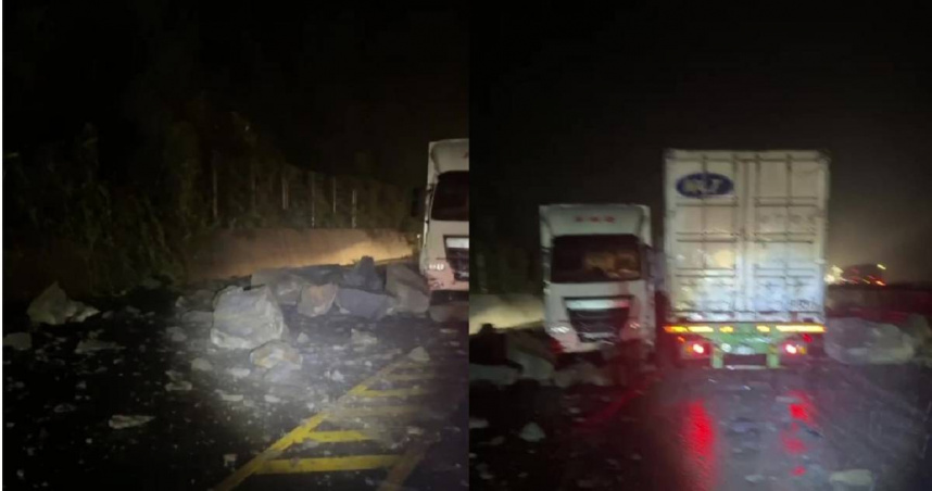 台2線83公里處今日晚間發生邊坡落石意外，造成路上2部大型車輛受損拋錨，雙向交通因此中斷。（圖／翻攝畫面）