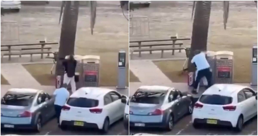 槍手躲在棕櫚樹後、靠近1座小型人行橋，不斷朝不明目標射擊。當時躲在停車場車輛後方的艾哈邁德突然衝出，從背後撲向槍手。（合成圖／翻攝自X平台／@AZ_Intel_）