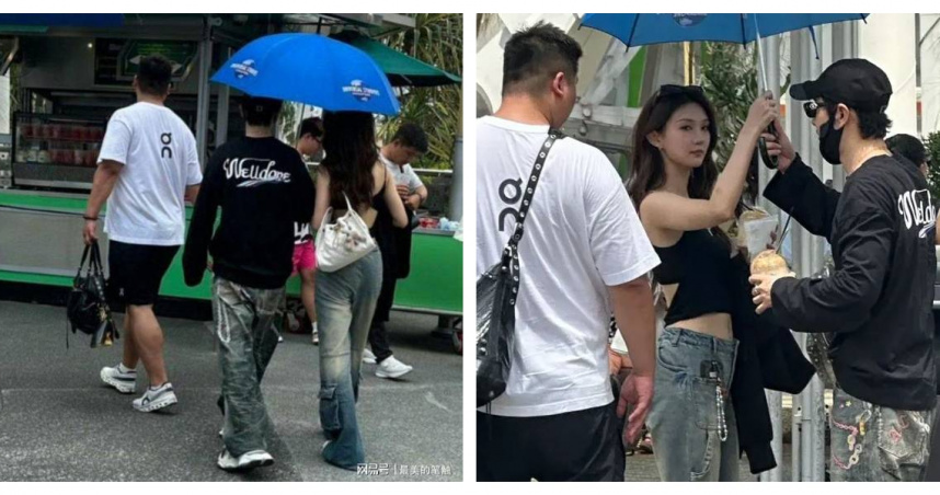 黃曉明與高挑女子共撐一把傘遮陽，互動自然。（圖／翻攝自微博，最美的筆觸）