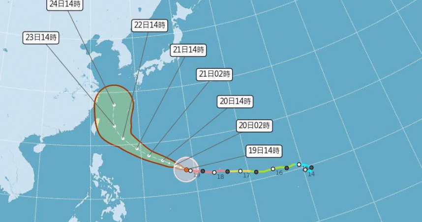 薔琵颱風最新預測路徑再度往北、往東調整，但23日至25日台灣仍須留意外圍環流帶來的風雨。（圖／中央氣象署提供）