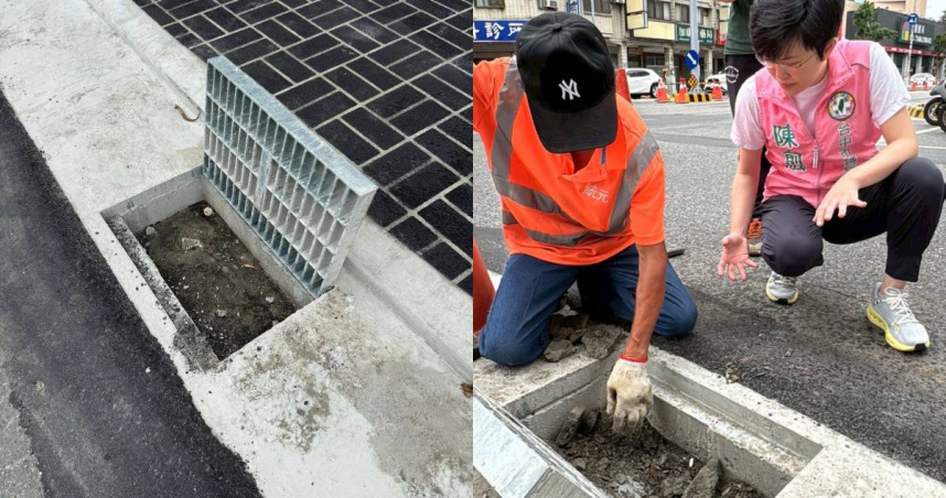 台中市議員陳俞融表示，台中已進入汛期，但市府的防淹水整備螺絲仍未拴緊，其中北區德化街竟出現有水溝蓋，沒有水溝。（圖／翻攝自陳俞融臉書）