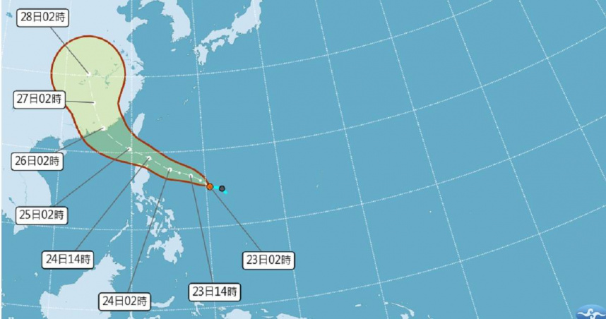 熱帶性低氣壓TD13逐漸增強為輕度颱風「紅霞」的趨勢。（圖／中央氣象署提供）