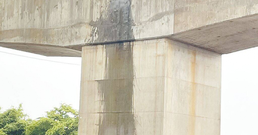 桃園捷運綠線部分高架橋墩出現滲水、龜裂，甚至可見類似「鐘乳石」的白華現象，民眾擔憂結構安全。（圖／黃敬平提供／中國時報蔡依珍桃園傳真）