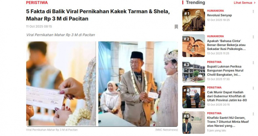 印尼74歲老翁娶24歲嫩妻掀熱議。（圖／翻攝自netralnews）
