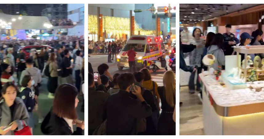 北捷中山站晚間發生攻擊事件，現場人潮擁擠，商場外拉起封鎖線，救護車與警力進駐戒備，商場內民眾驚慌逃竄。（圖／翻攝自Threads，vincent_jelly_66666）
