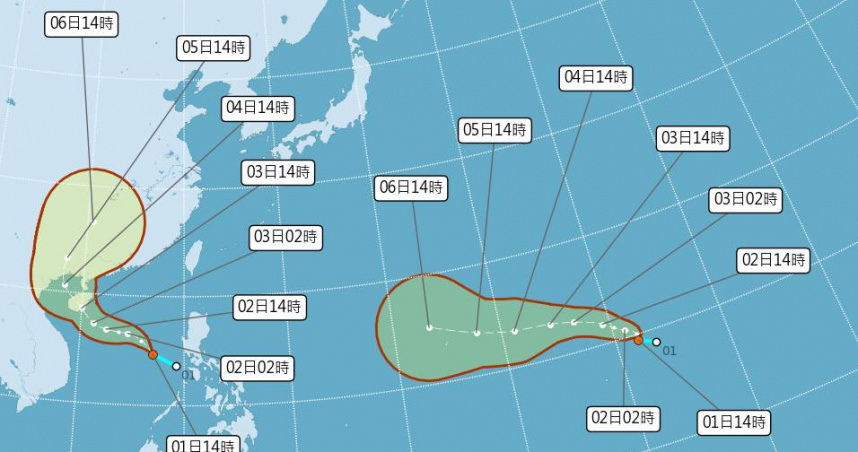 太平洋海域目前出現2個熱帶性低氣壓TD09、TD10。（圖／氣象署）
