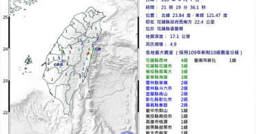 地牛翻身!花蓮壽豐21:19發生規模4.9淺層地震 最大震度4級