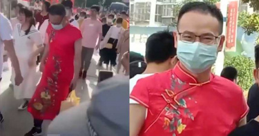 為實踐諾言 江蘇男老師身穿「大紅旗袍」現身考場幫學生祈福
